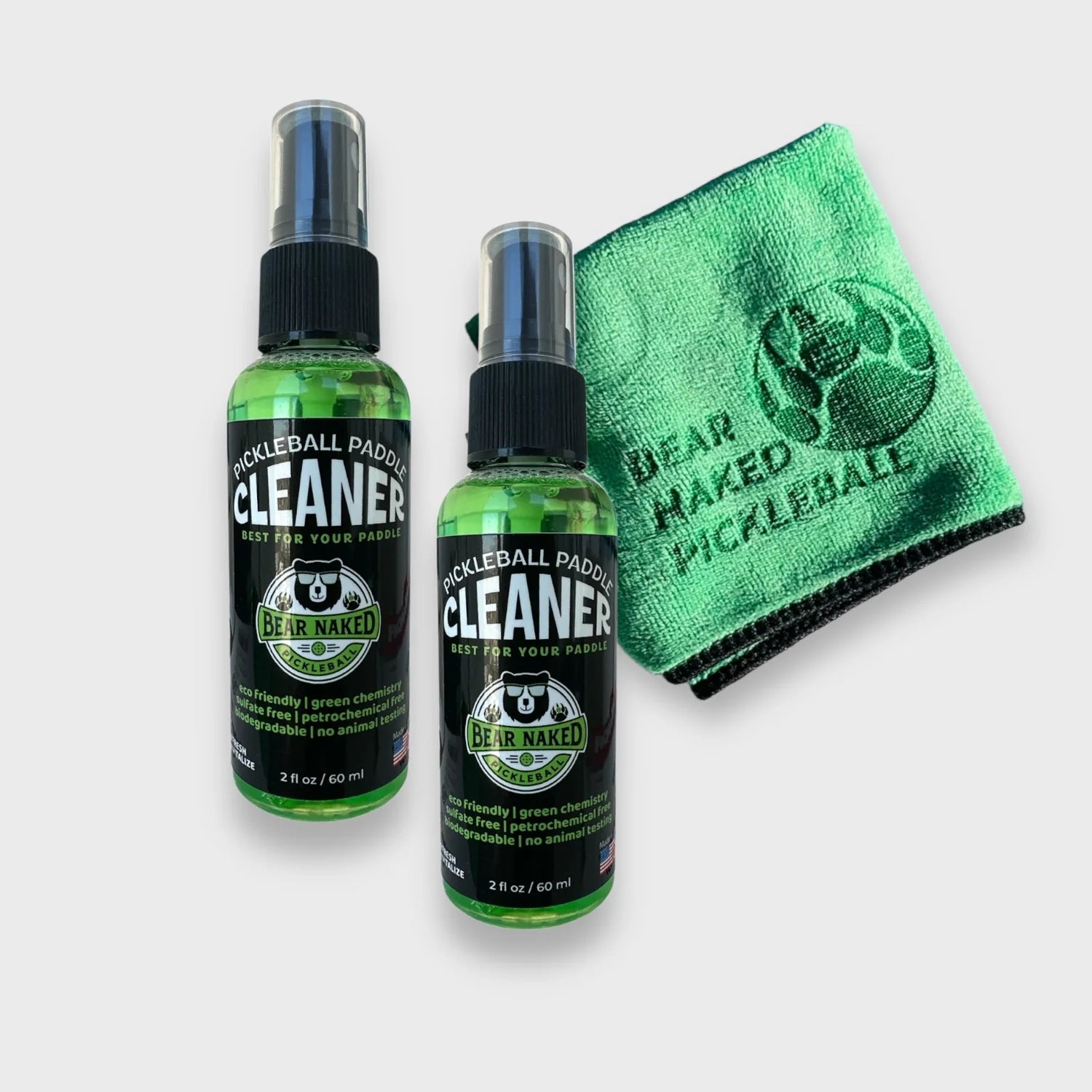 KIT: DOS BOTELLAS DE 2OZ DE PICKLEBALL PADDLE CLEANERS CON SU TOALLA DE MICROFIBRA