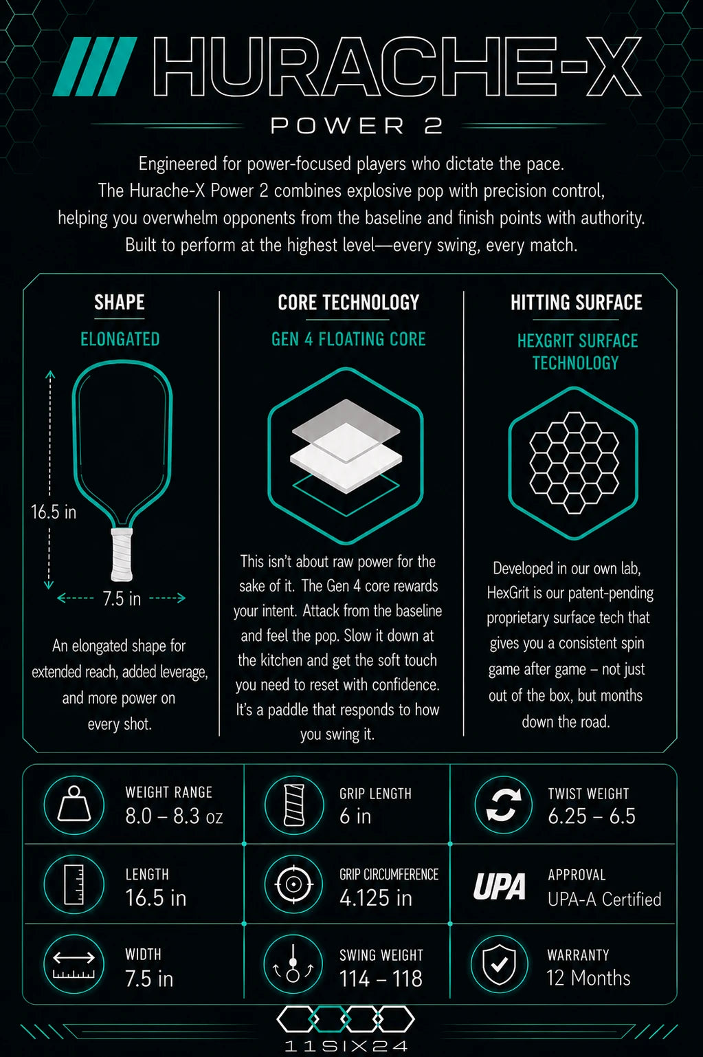 11SIX24 Hurache-X Power 2 Pickleball Paddle